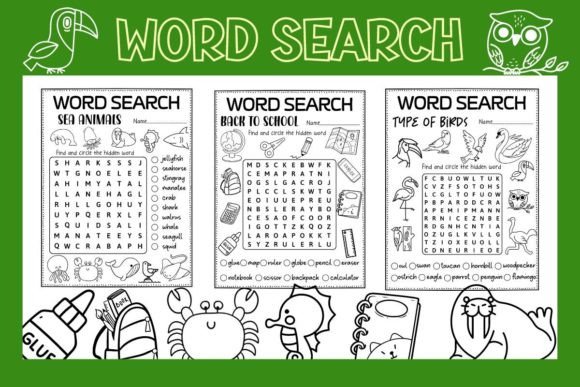 Word Search Sea Animal, Bird and School